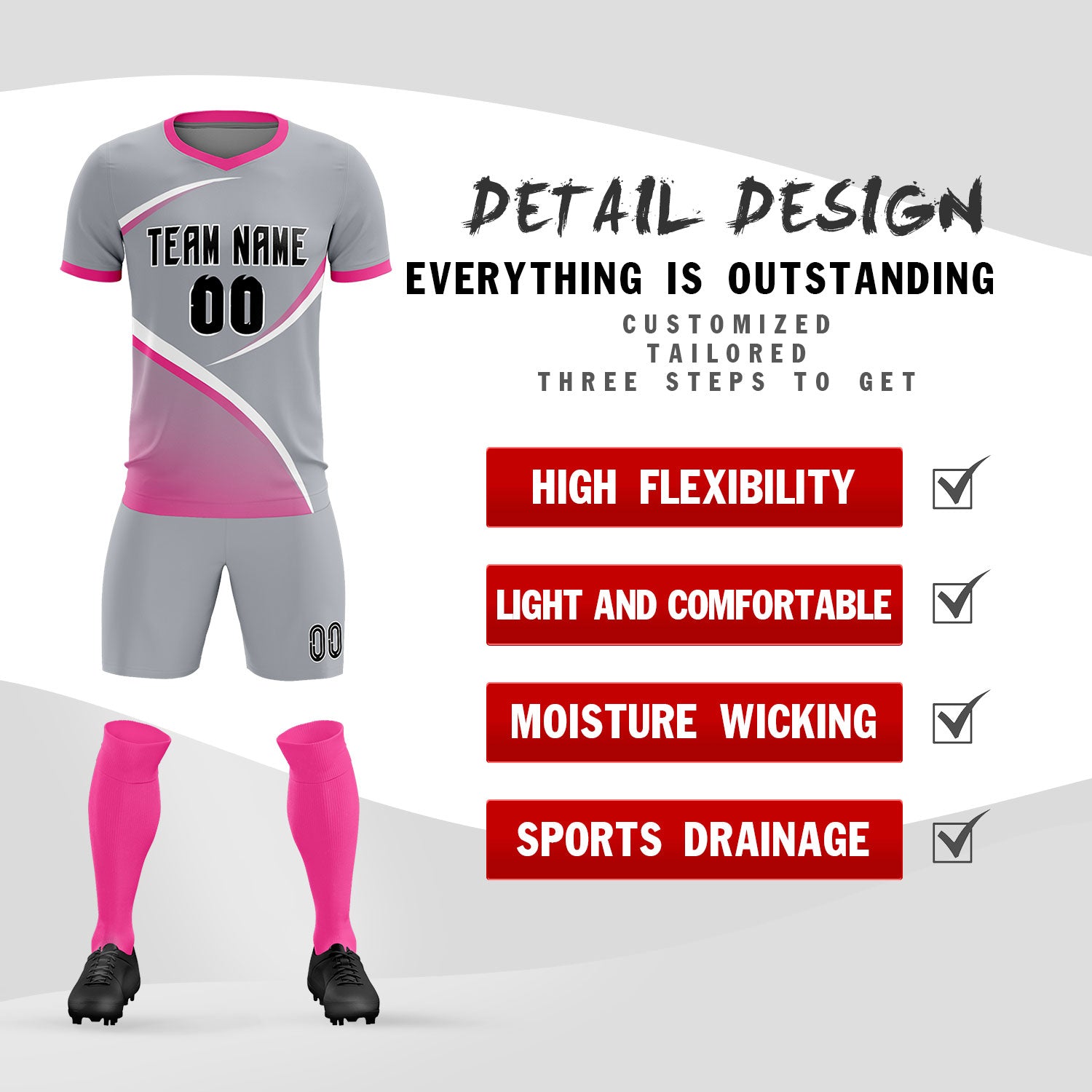 Custom Gray Pink Color Block Training Uniform For Men Soccer Sets Jersey