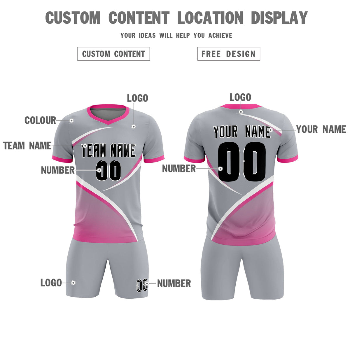 Custom Gray Pink Color Block Training Uniform For Men Soccer Sets Jersey