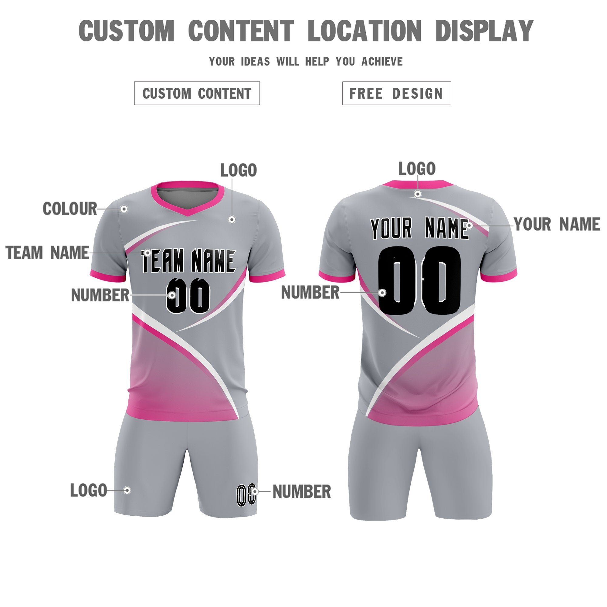 Custom Gray Pink Color Block Training Uniform For Men Soccer Sets Jersey