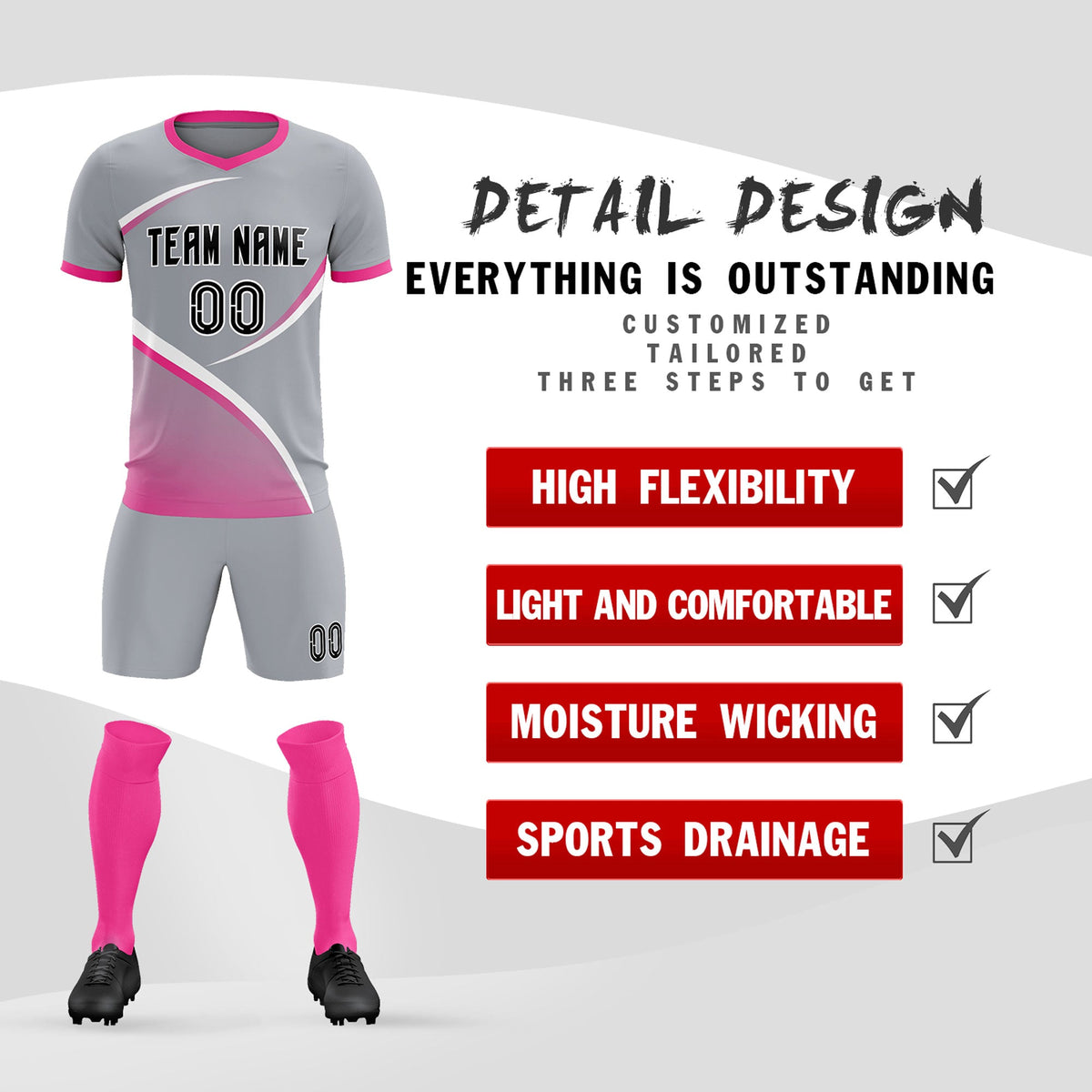 Custom Gray Pink Color Block Training Uniform For Men Football Kits Jersey