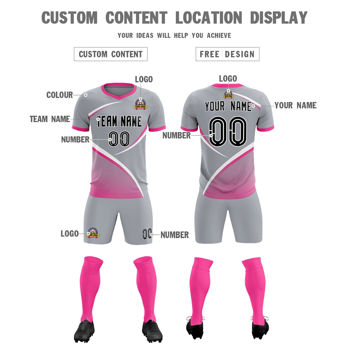 Custom Gray Pink Color Block Training Uniform For Men Football Kits Jersey