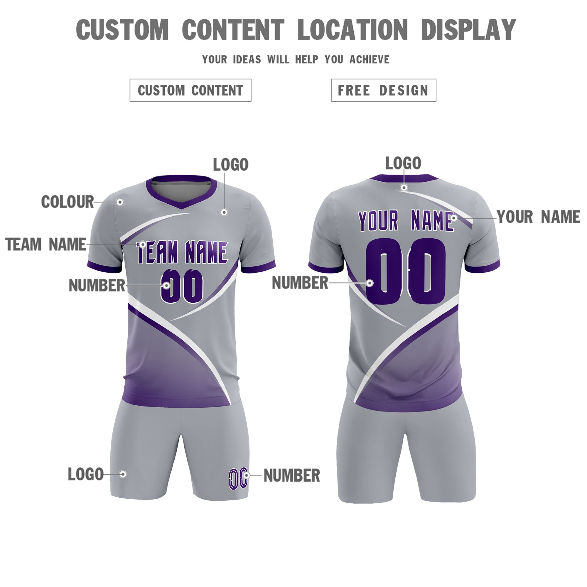 Custom Gray Purple Color Block Training Uniform For Men Soccer Sets Jersey
