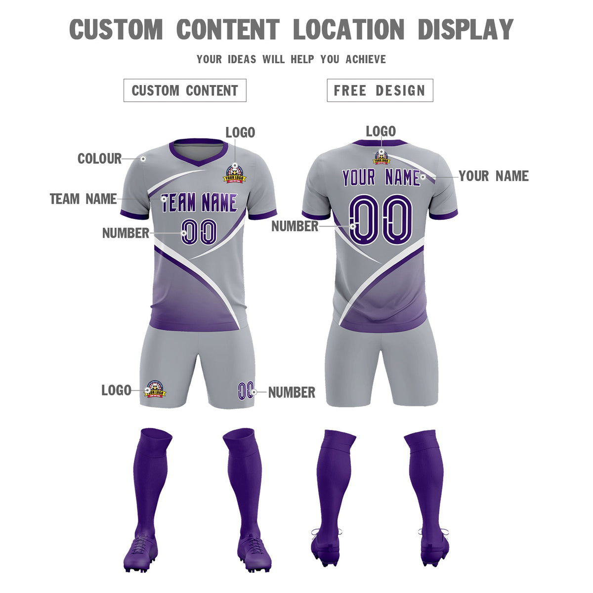 Custom Gray Purple Color Block Training Uniform For Men Football Kits Jersey