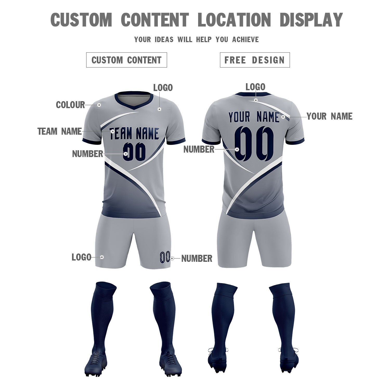 Custom Gray Navy Color Block Training Uniform For Men Soccer Sets Jersey