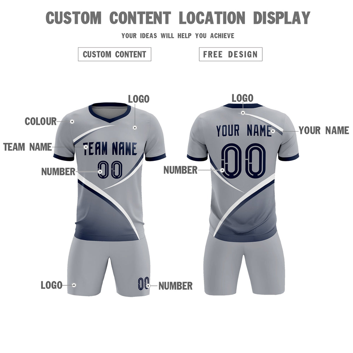 Custom Gray Navy Color Block Training Uniform For Men Football Kits Jersey