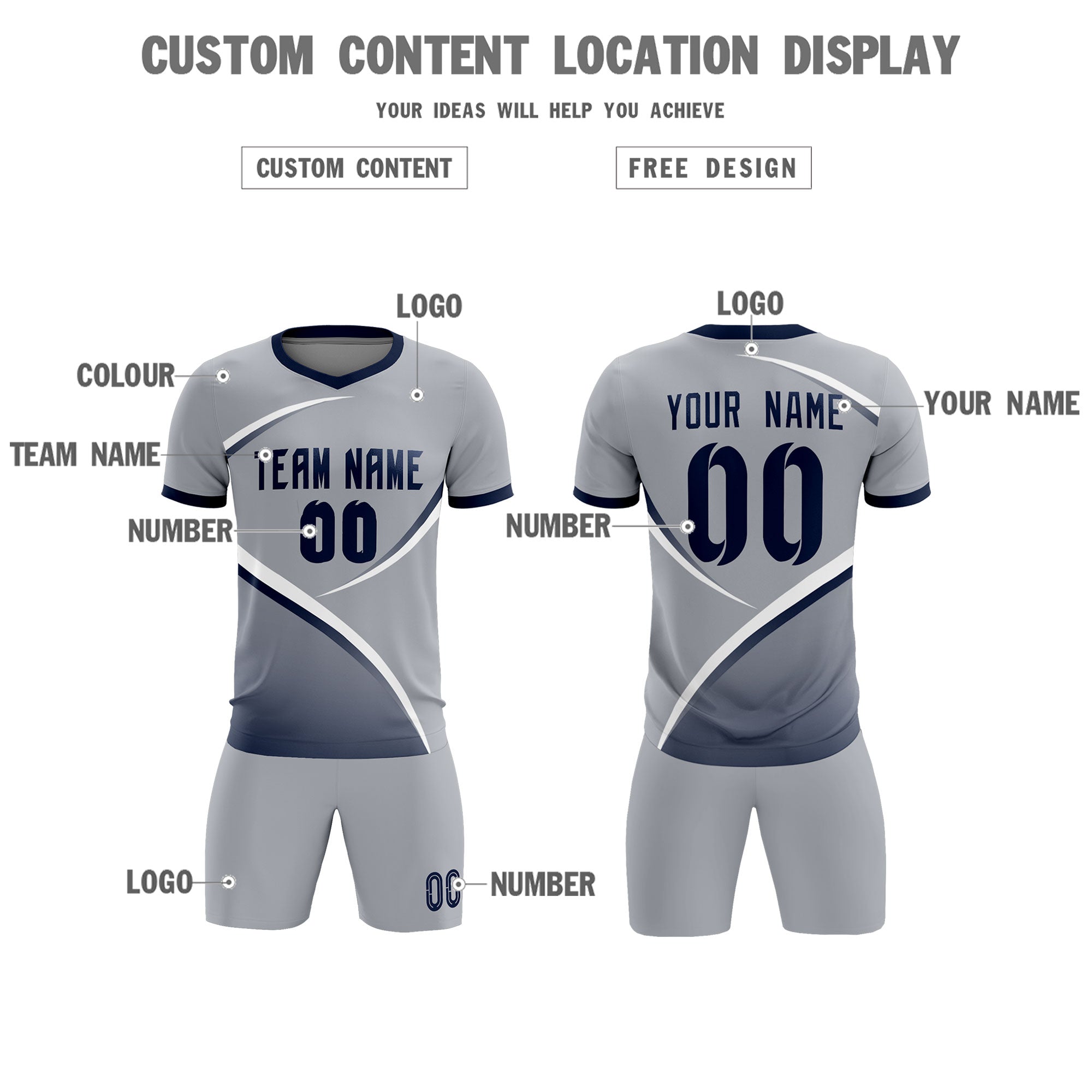 Custom Gray Navy Color Block Training Uniform For Men Soccer Sets Jersey