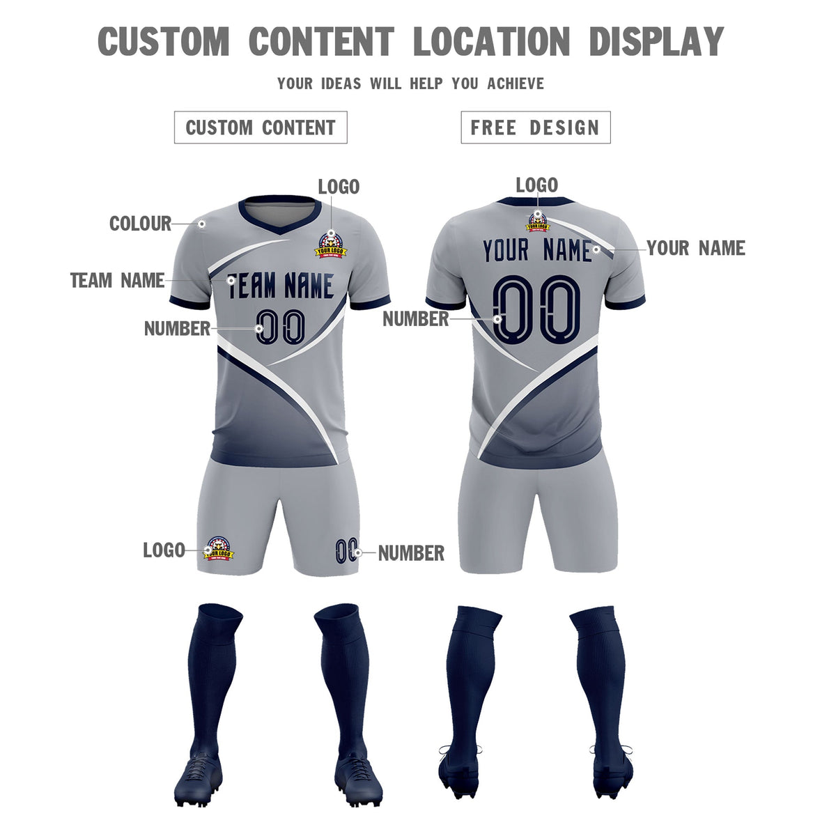 Custom Gray Navy Color Block Training Uniform For Men Football Kits Jersey