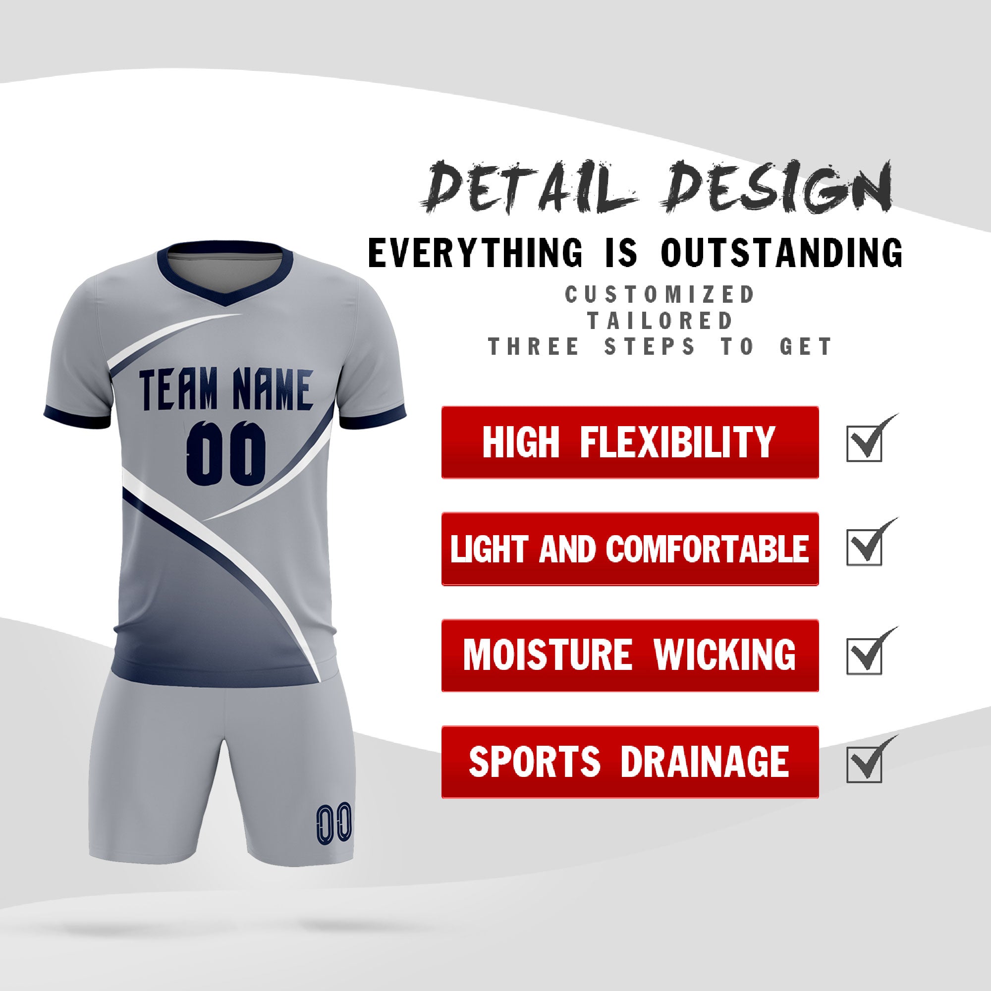 Custom Gray Navy Color Block Training Uniform For Men Soccer Sets Jersey