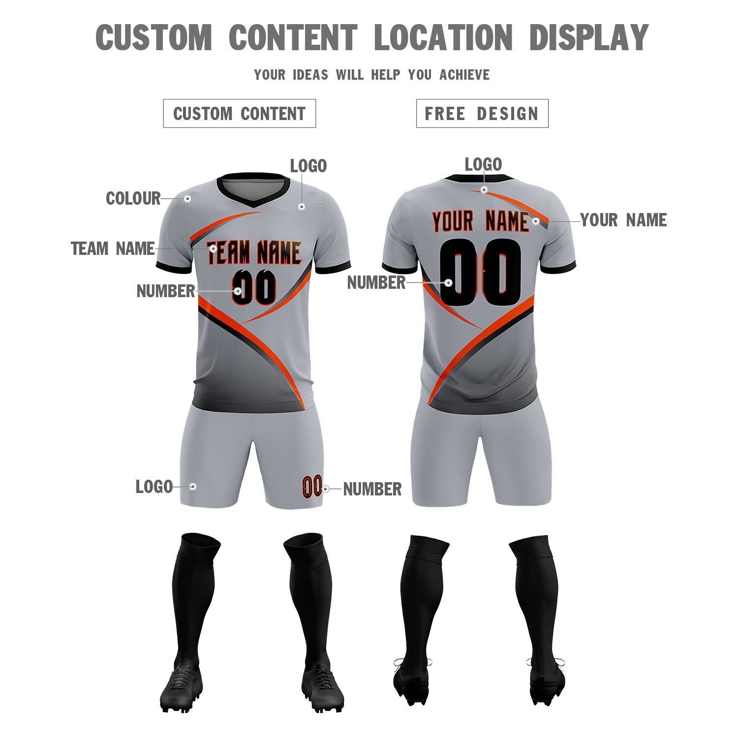 Custom Gray Black Color Block Training Uniform For Men Soccer Sets Jersey