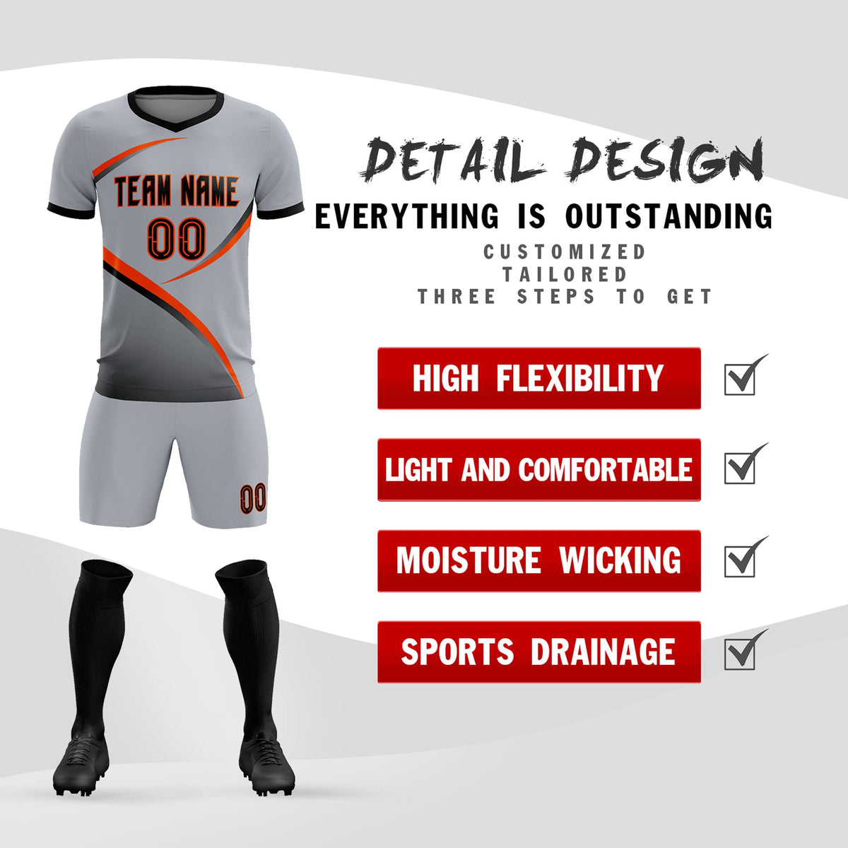 Custom Gray Black Color Block Training Uniform For Men Football Kits Jersey