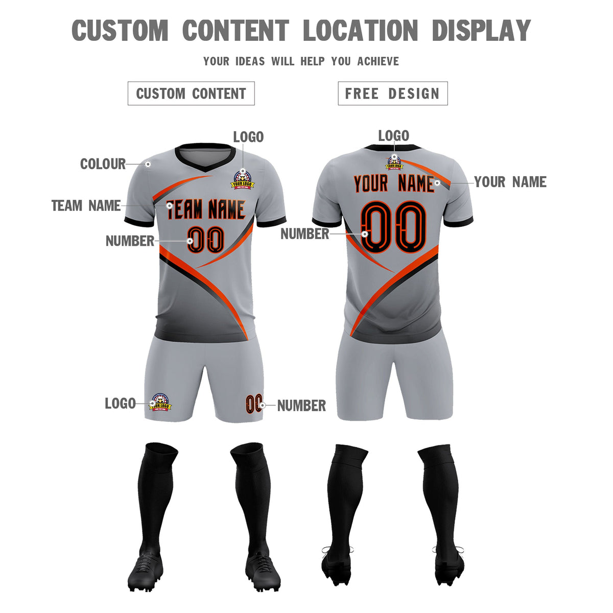 Custom Gray Black Color Block Training Uniform For Men Football Kits Jersey