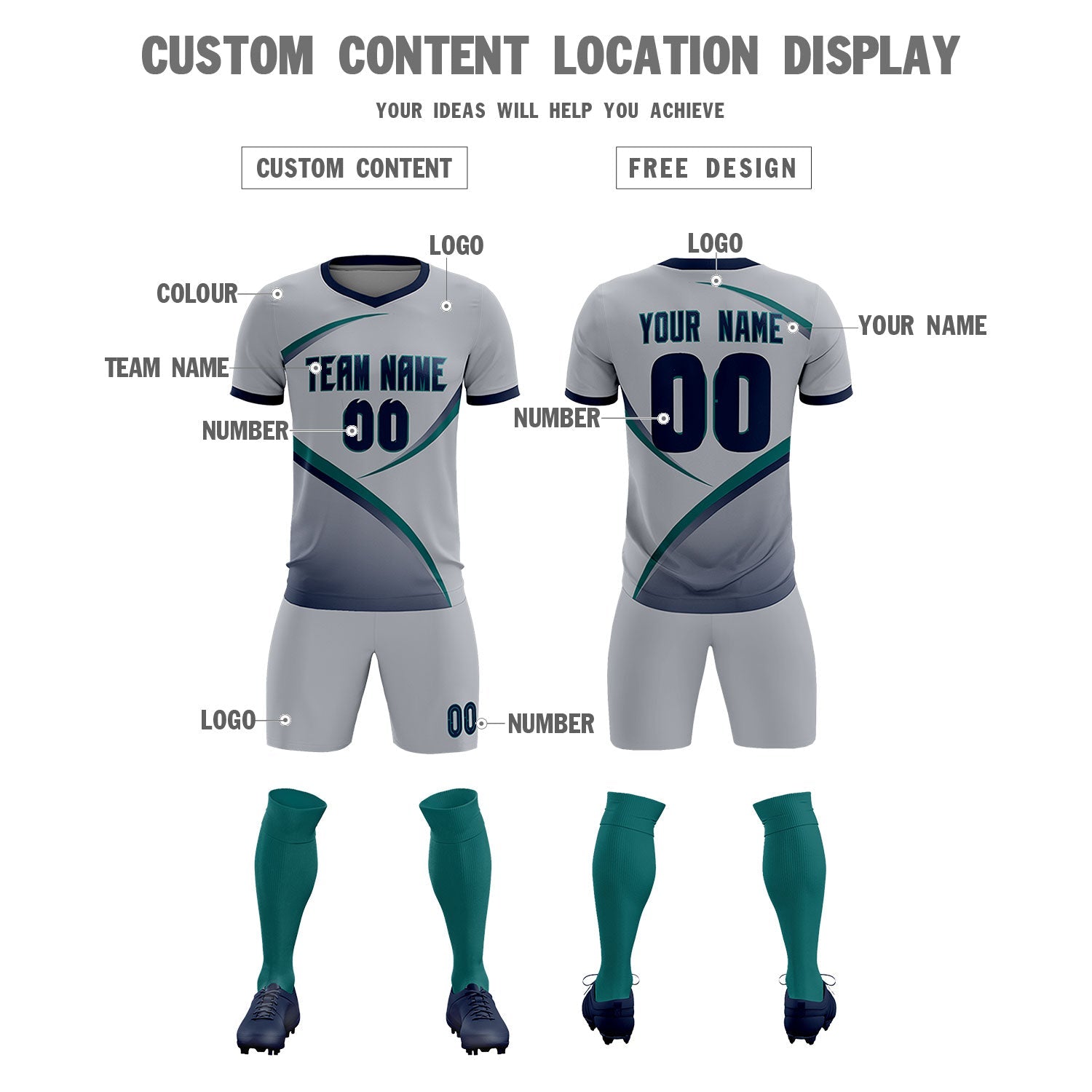 Custom Gray Navy Color Block Training Uniform For Men Soccer Sets Jersey