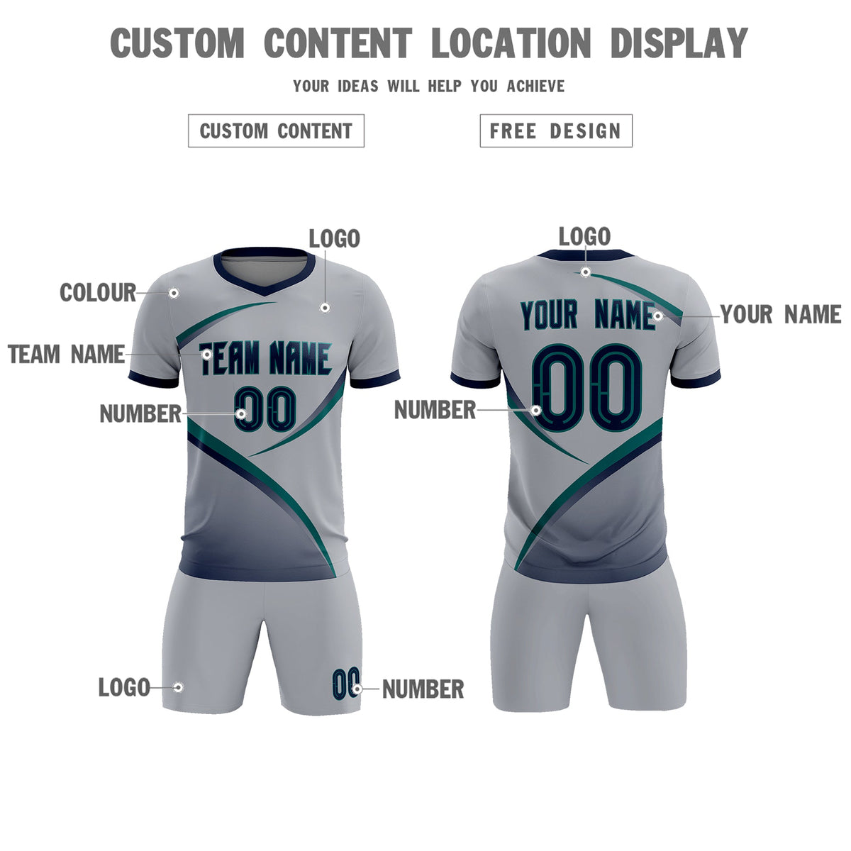 Custom Gray Navy Color Block Training Uniform For Men Football Kits Jersey