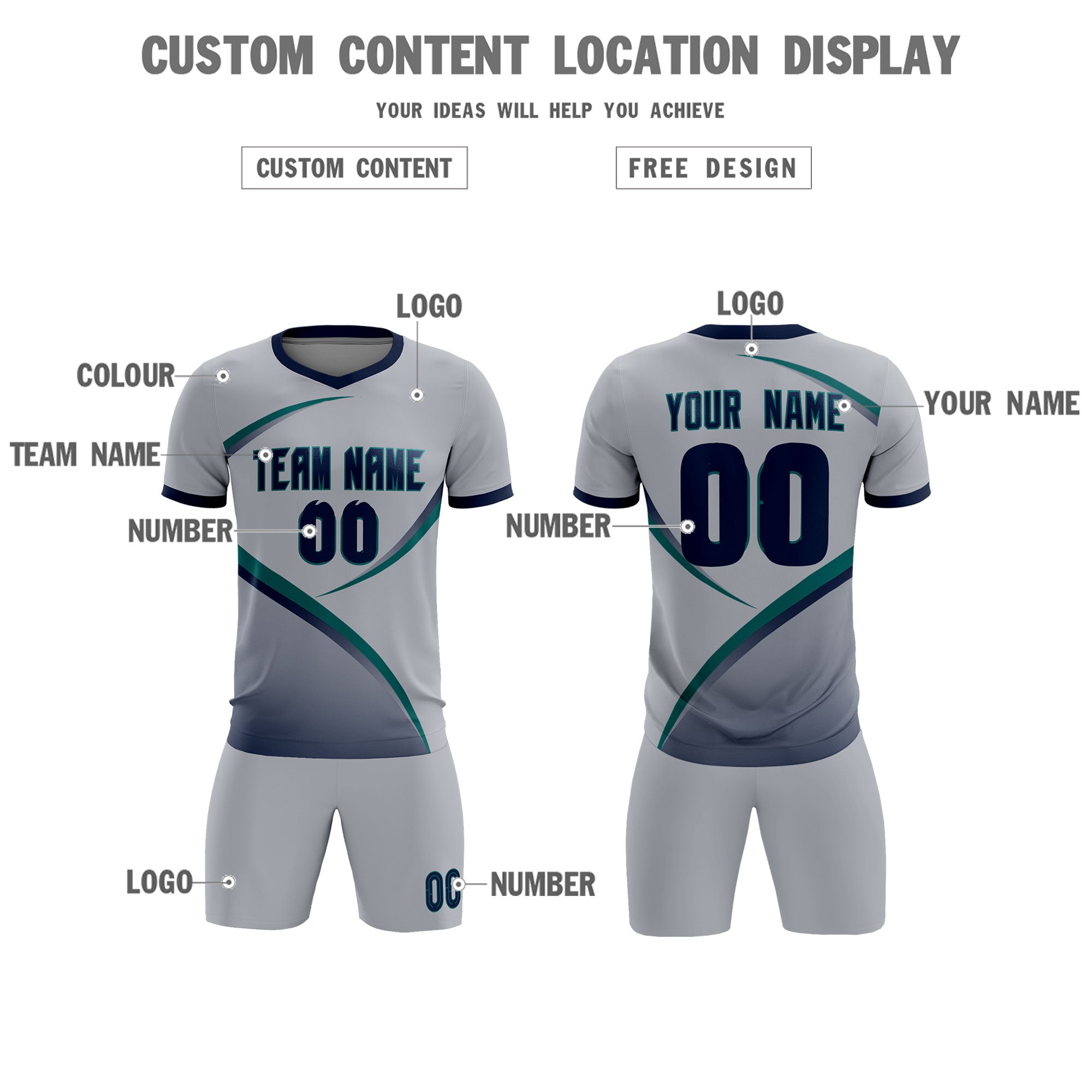 Custom Gray Navy Color Block Training Uniform For Men Soccer Sets Jersey