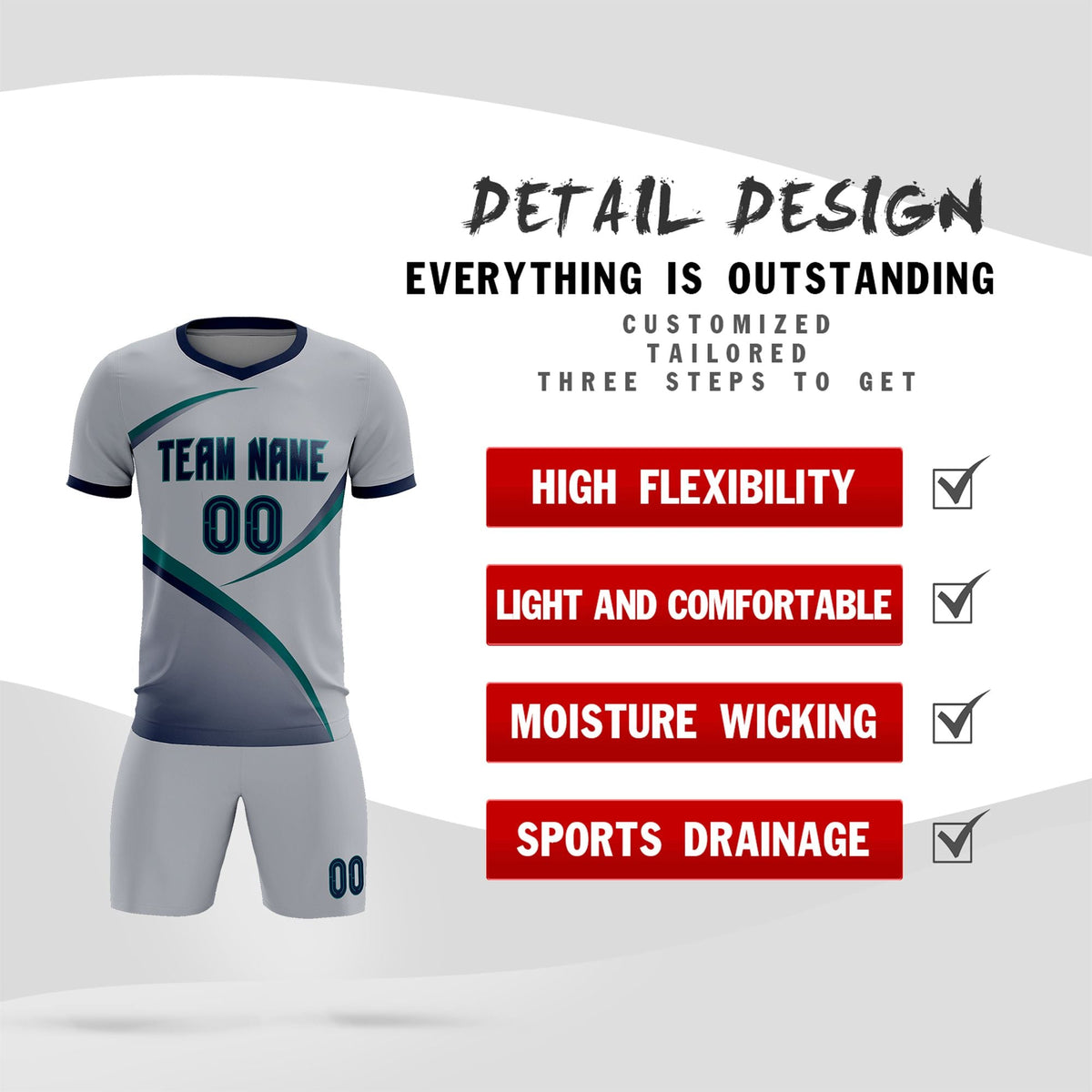 Custom Gray Navy Color Block Training Uniform For Men Football Kits Jersey