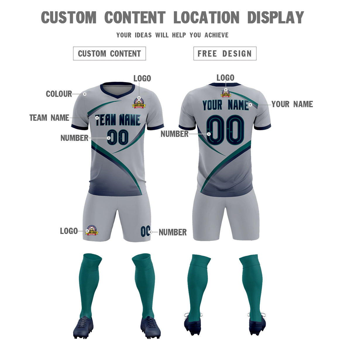 Custom Gray Navy Color Block Training Uniform For Men Football Kits Jersey