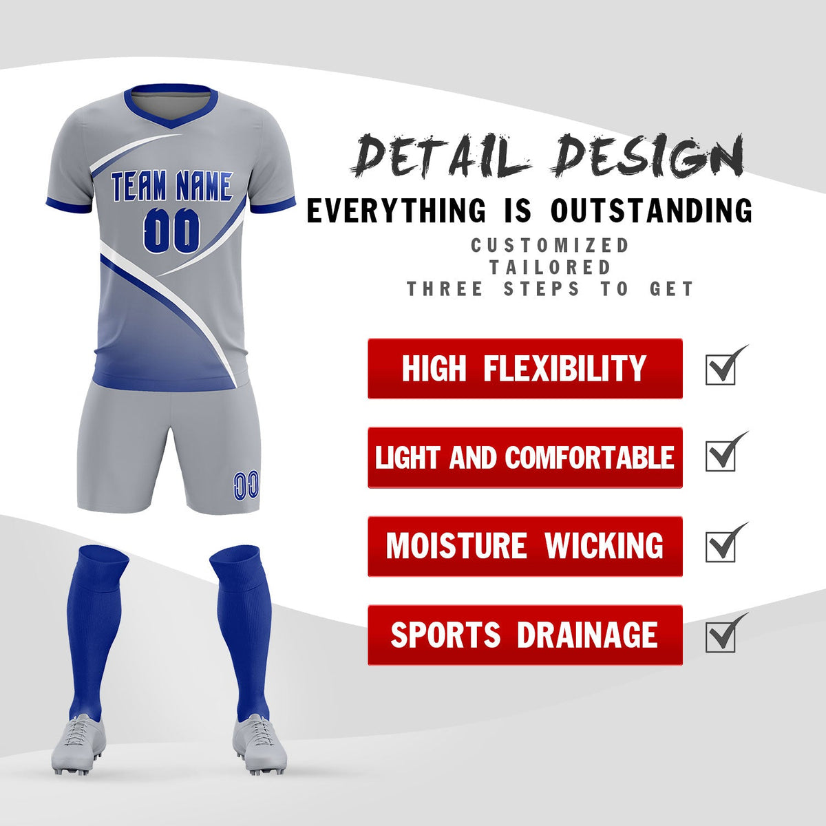 Custom Gray Royal Color Block Training Uniform For Men Soccer Sets Jersey