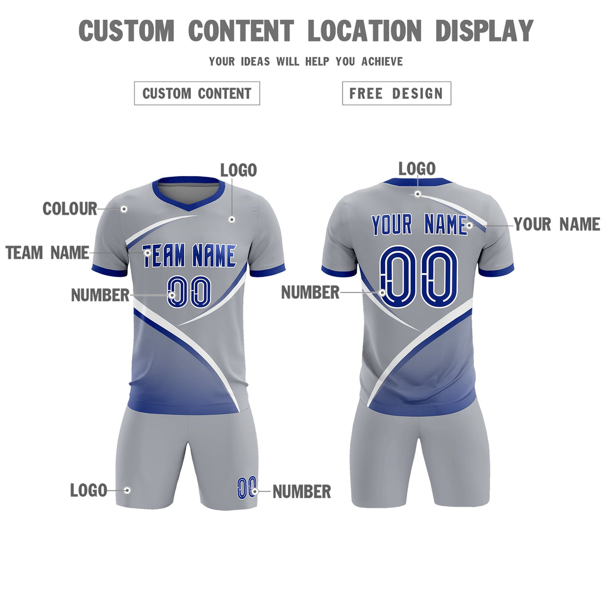 Custom Gray Royal Color Block Training Uniform For Men Football Kits Jersey