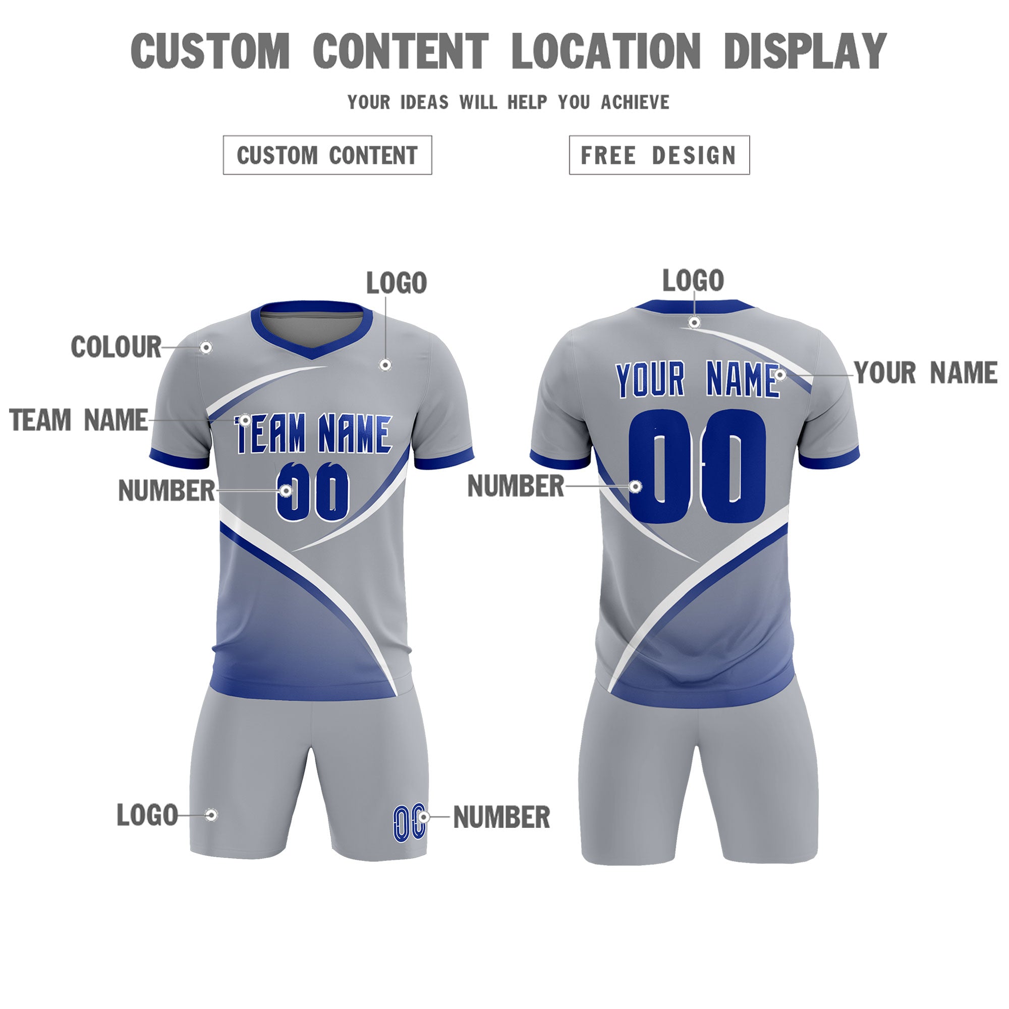 Custom Gray Royal Color Block Training Uniform For Men Soccer Sets Jersey