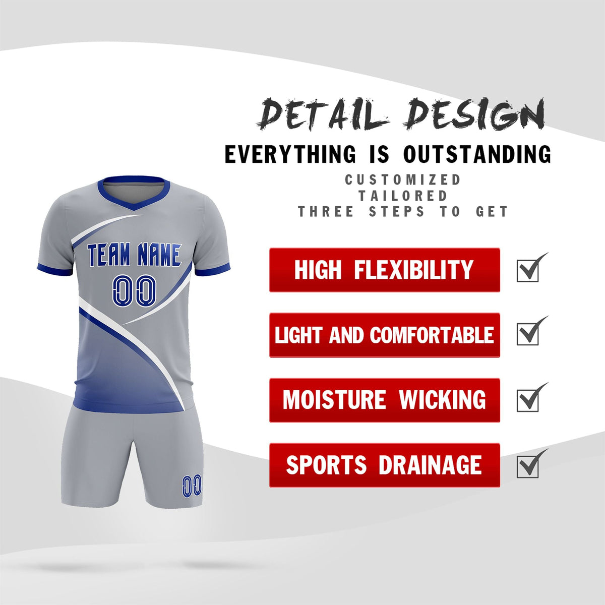 Custom Gray Royal Color Block Training Uniform For Men Football Kits Jersey