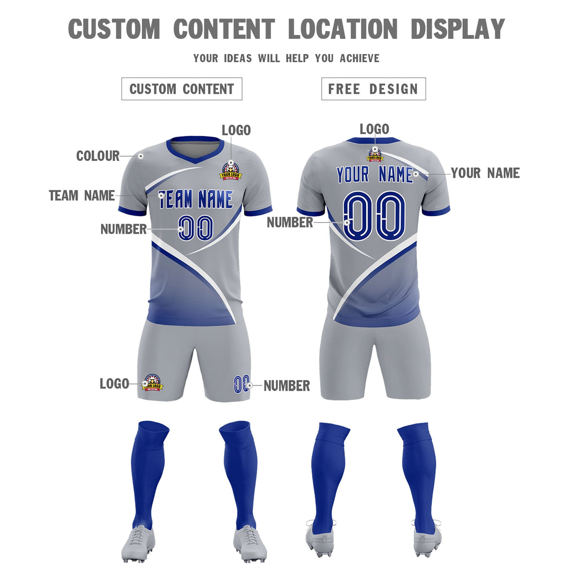 Custom Gray Royal Color Block Training Uniform For Men Football Kits Jersey