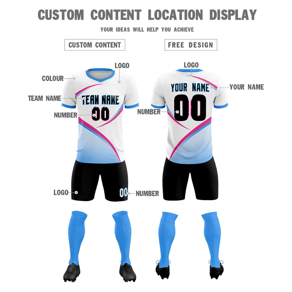 Custom White Powder Blue Color Block Training Uniform For Men Soccer Sets Jersey
