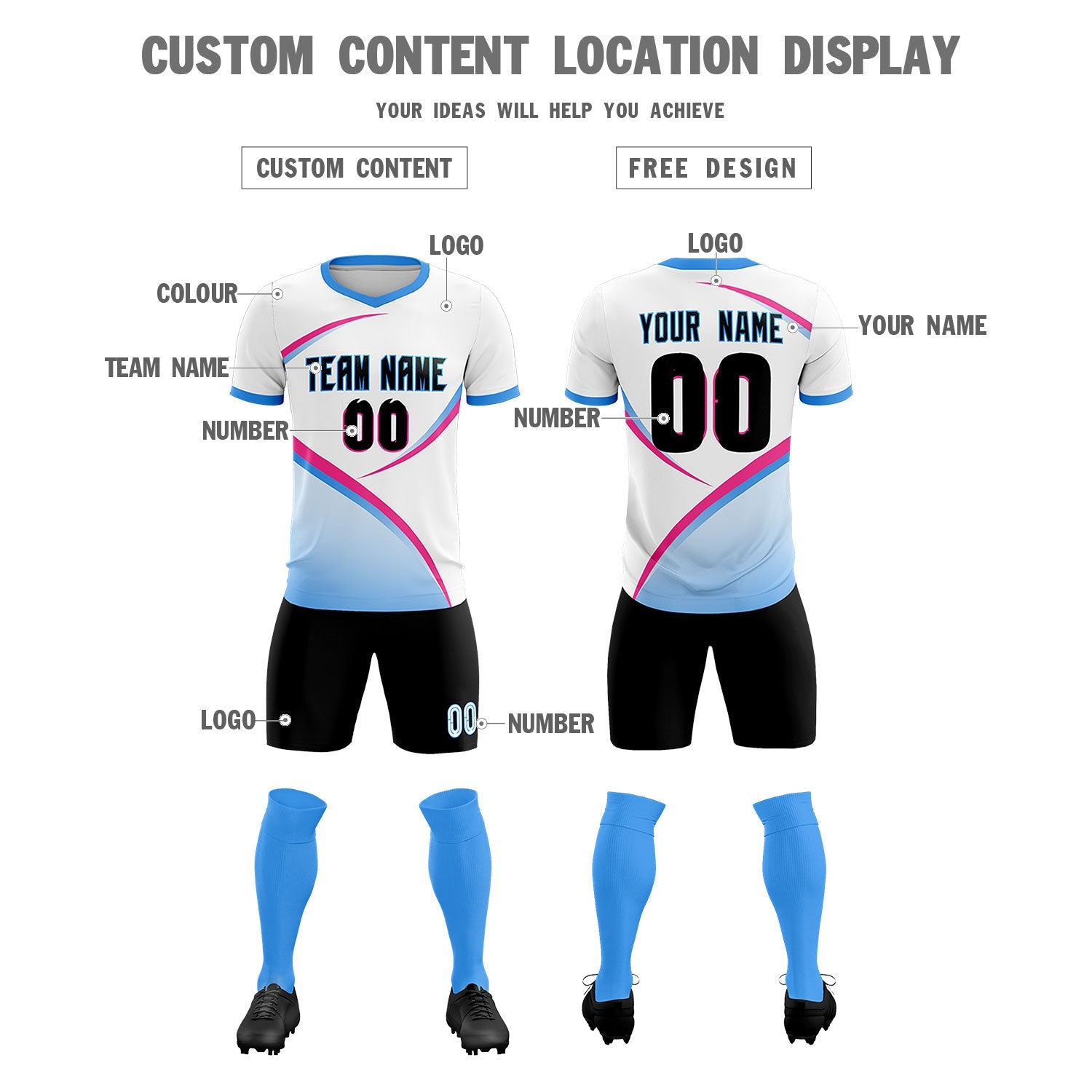 Custom White Powder Blue Color Block Training Uniform For Men Soccer Sets Jersey