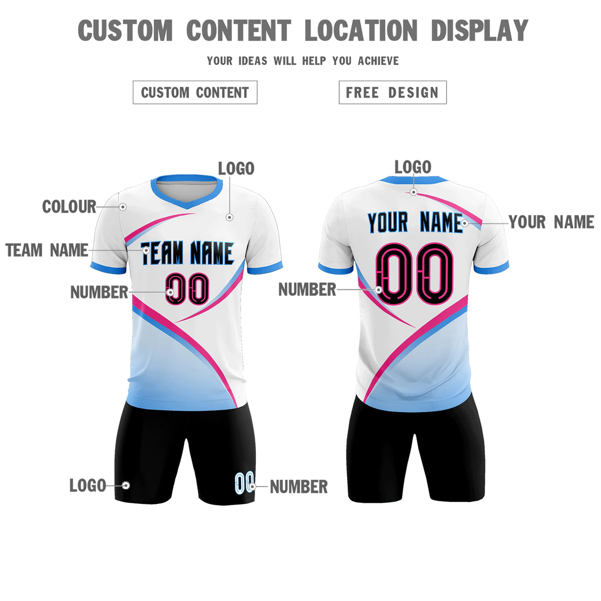 Custom White Powder Blue Color Block Training Uniform For Men Football Kits Jersey