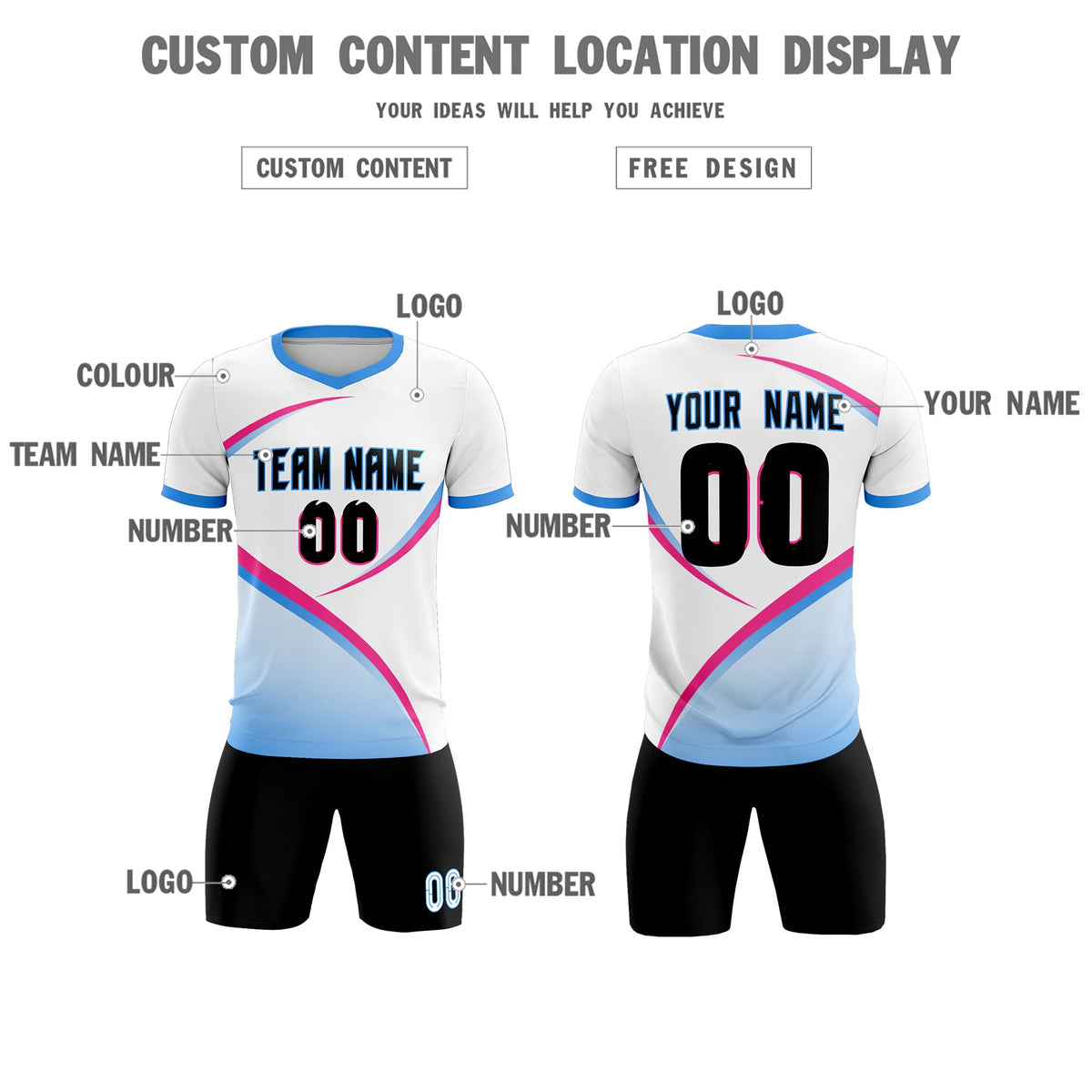 Custom White Powder Blue Color Block Training Uniform For Men Soccer Sets Jersey
