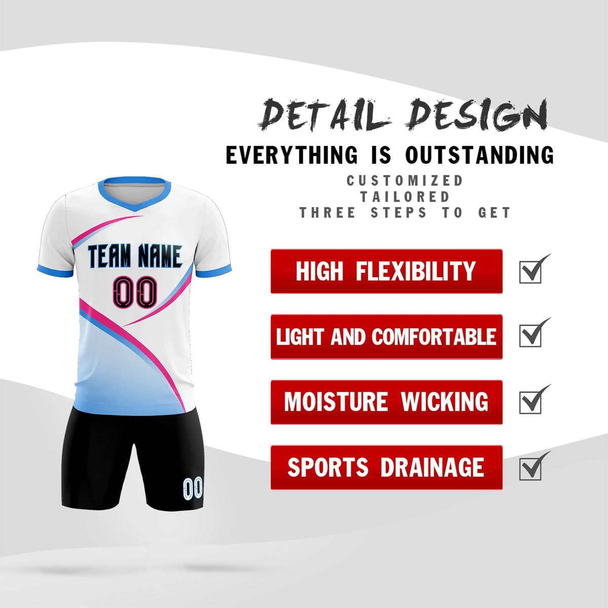 Custom White Powder Blue Color Block Training Uniform For Men Football Kits Jersey