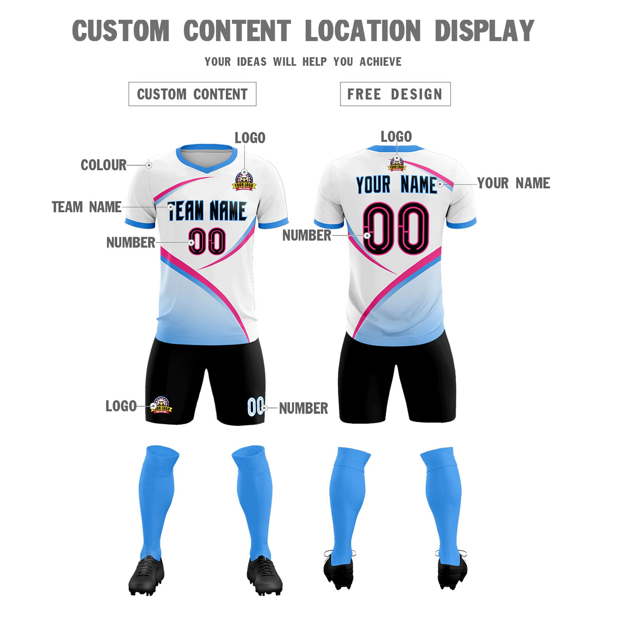 Custom White Powder Blue Color Block Training Uniform For Men Football Kits Jersey