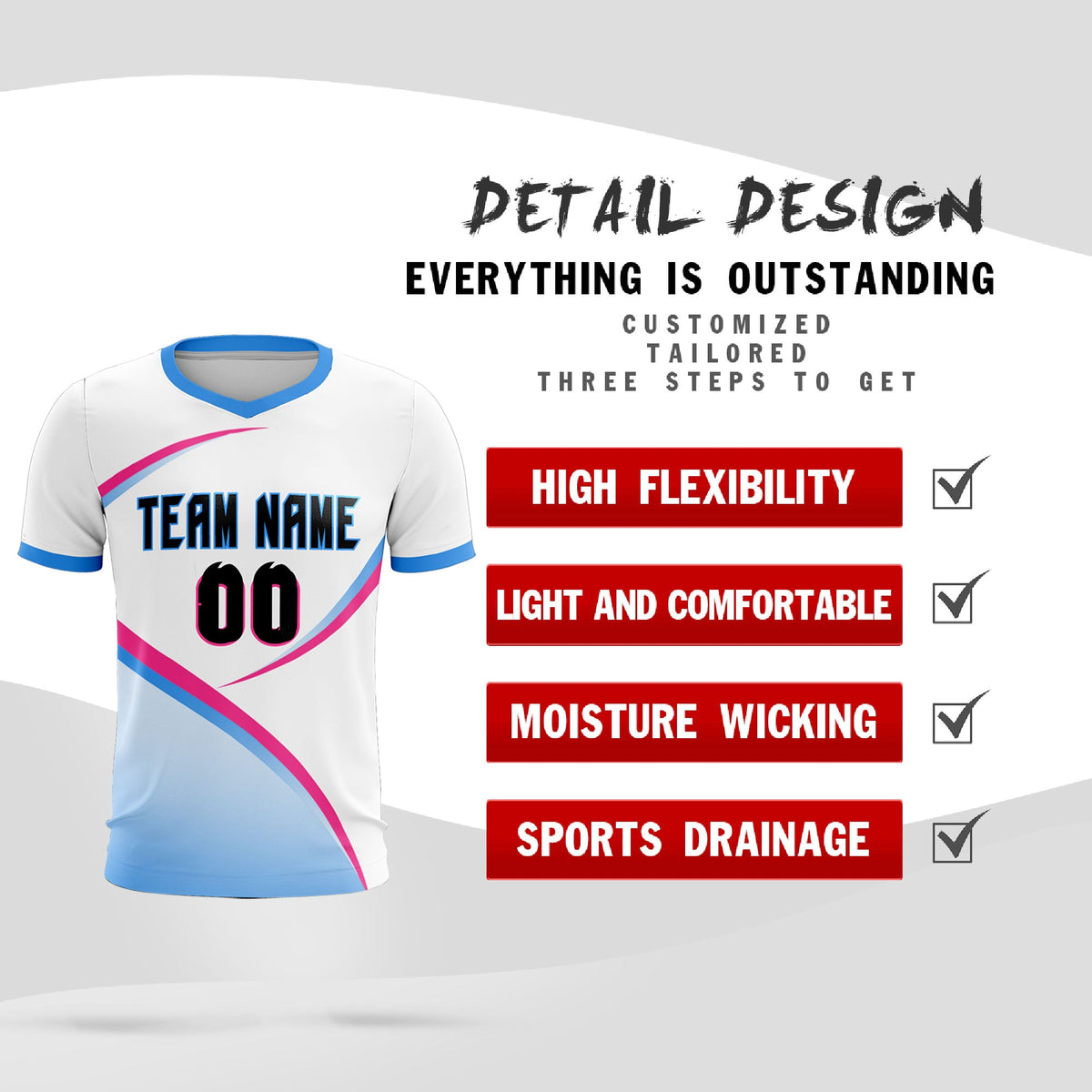 Custom White Powder Blue Color Block Training Uniform For Men Soccer Sets Jersey