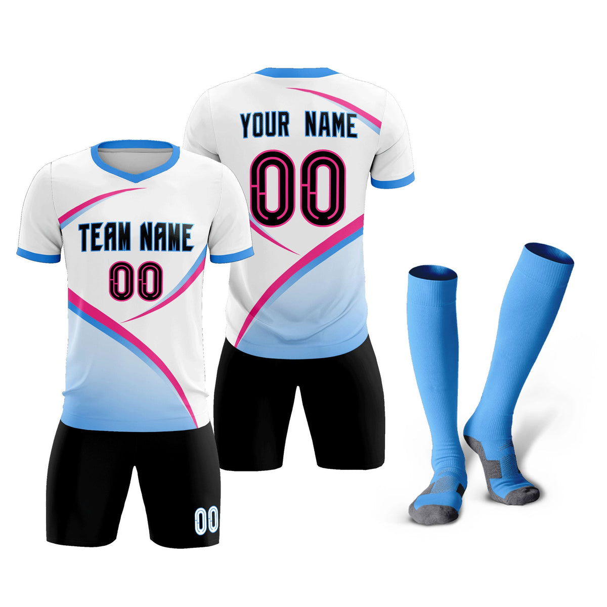 Custom White Powder Blue Color Block Training Uniform For Men Football Kits Jersey