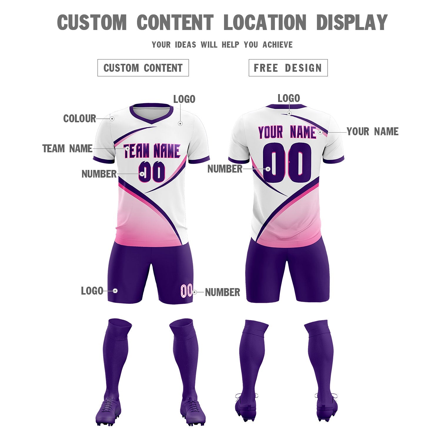 Custom White Purple Color Block Training Uniform For Men Soccer Sets Jersey
