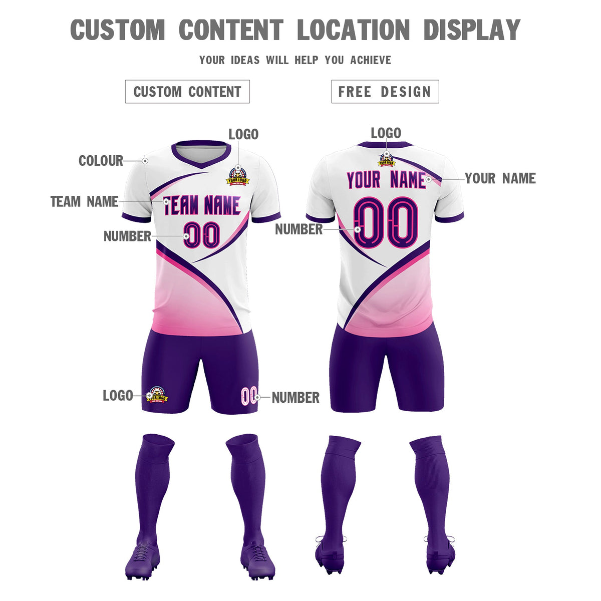 Custom White Purple Color Block Training Uniform For Men Football Kits Jersey