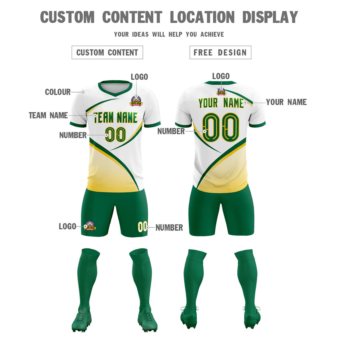 Custom White Kelly Green Color Block Training Uniform For Men Football Kits Jersey