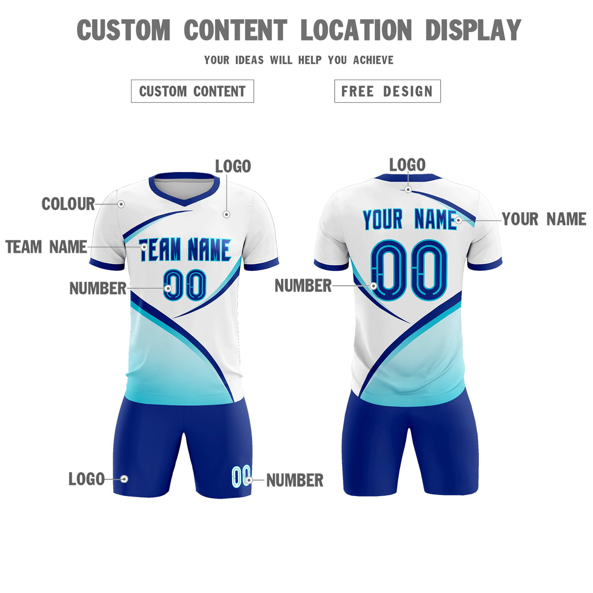 Custom White Sky Blue Color Block Training Uniform For Men Football Kits Jersey