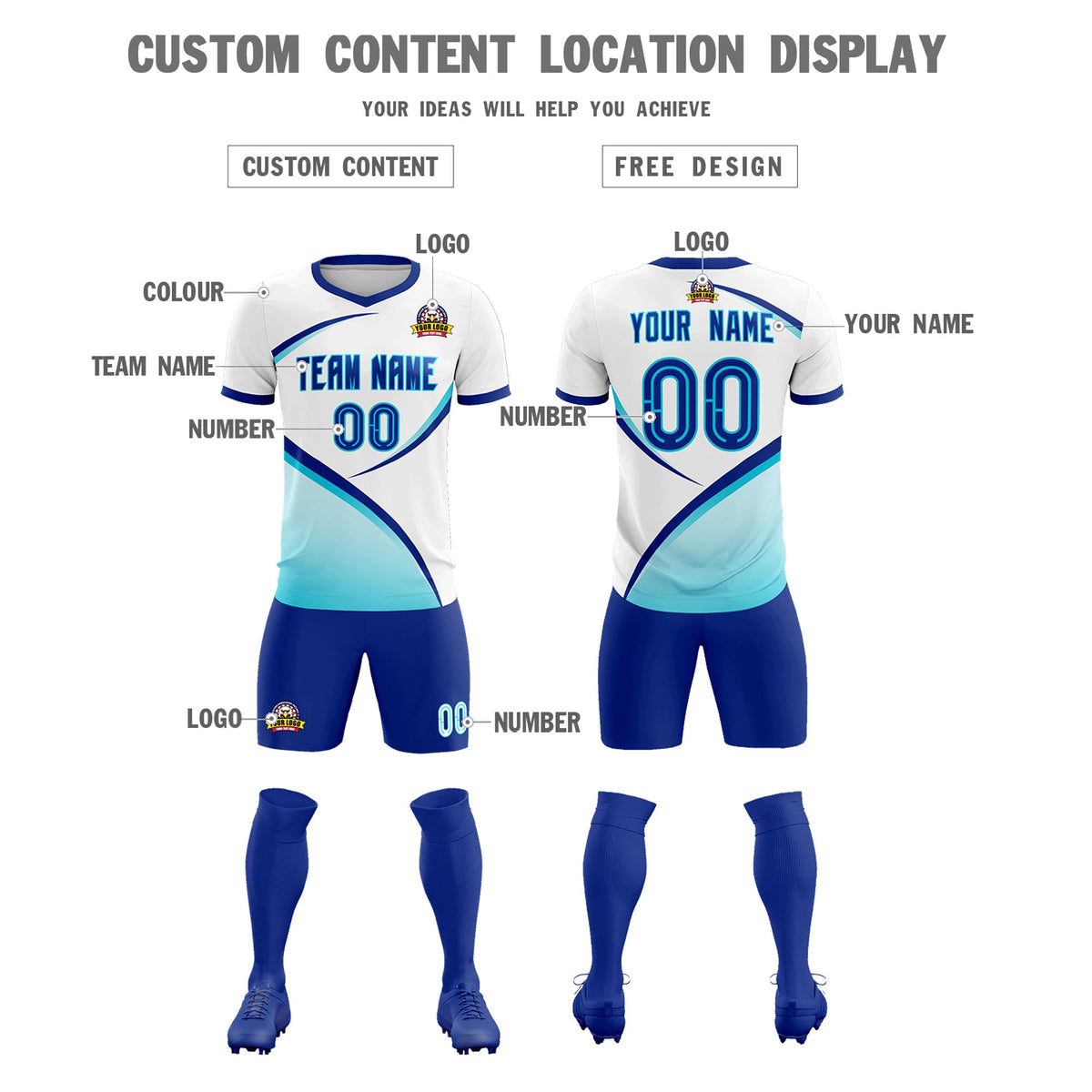 Custom White Sky Blue Color Block Training Uniform For Men Football Kits Jersey