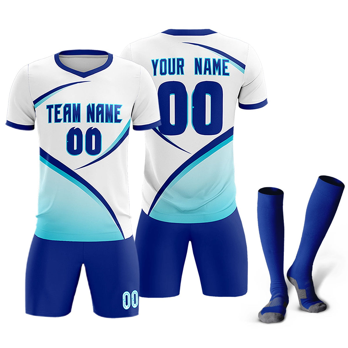 Custom White Sky Blue Color Block Training Uniform For Men Soccer Sets Jersey