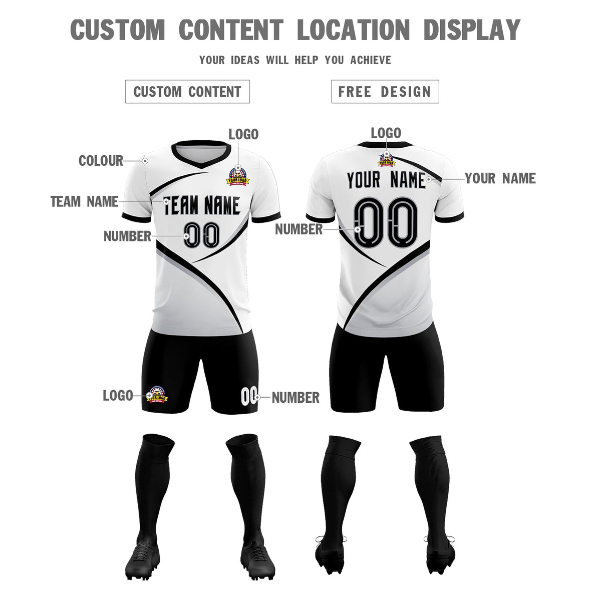 Custom White Black Color Block Training Uniform For Men Football Kits Jersey