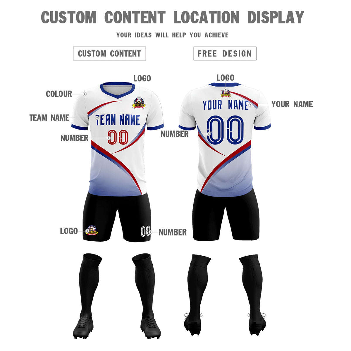 Custom White Royal Color Block Training Uniform For Men Football Kits Jersey