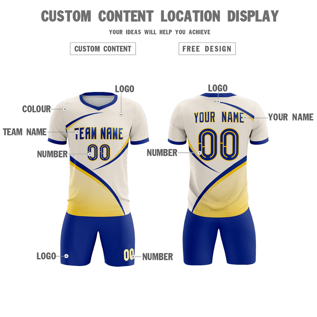 Custom Cream Royal Color Block Training Uniform For Men Football Kits Jersey