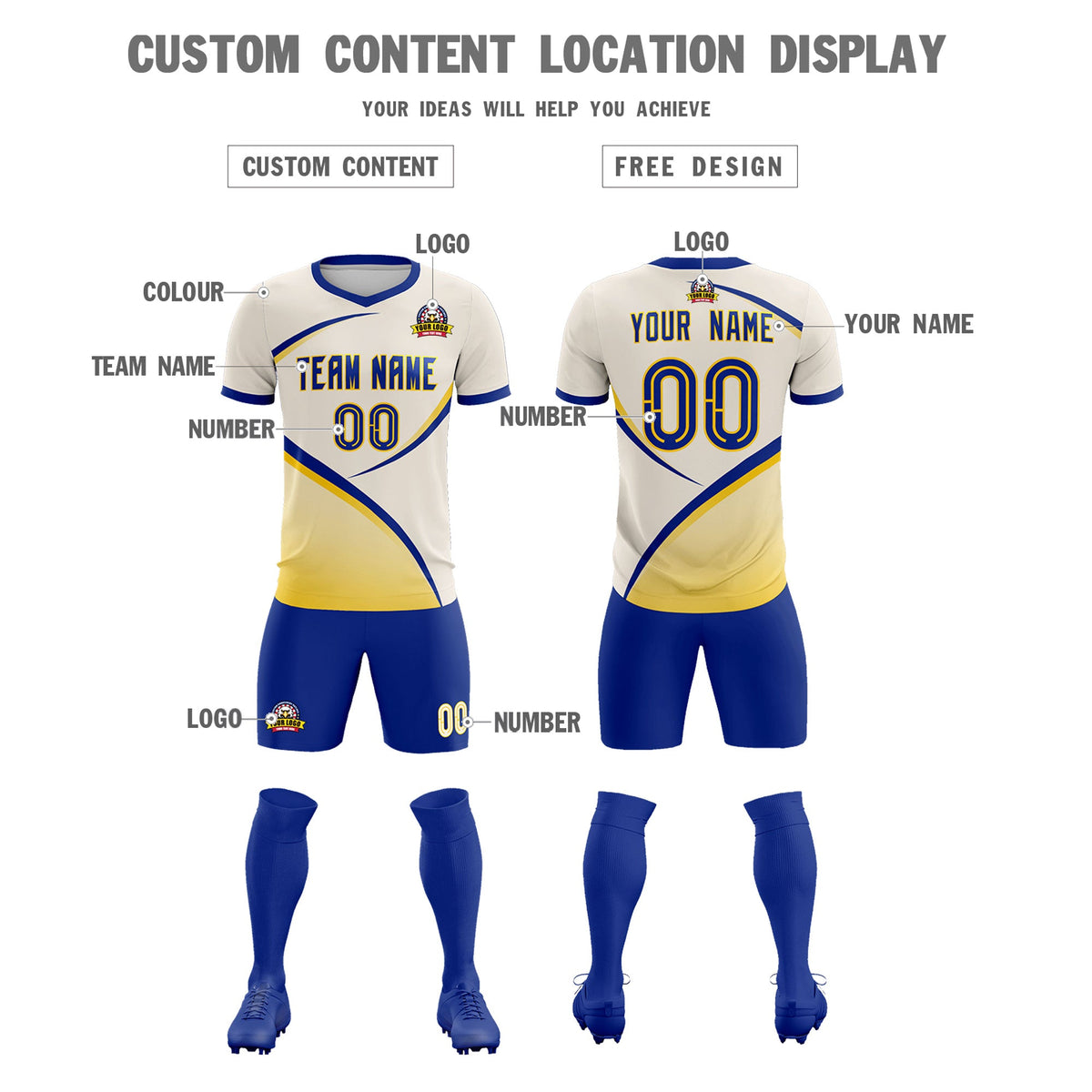 Custom Cream Royal Color Block Training Uniform For Men Football Kits Jersey