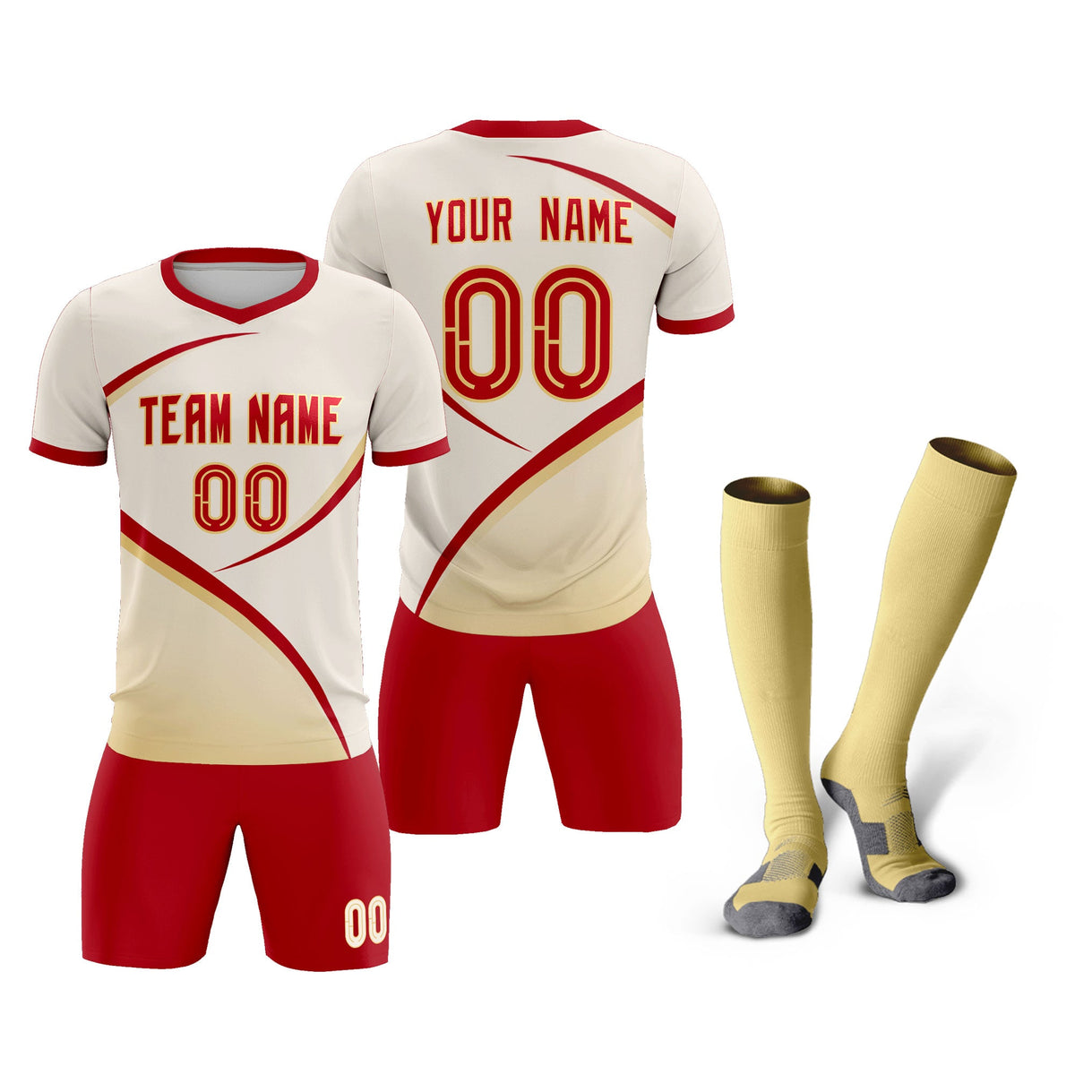 Custom Cream Red Color Block Training Uniform For Men Football Kits Jersey