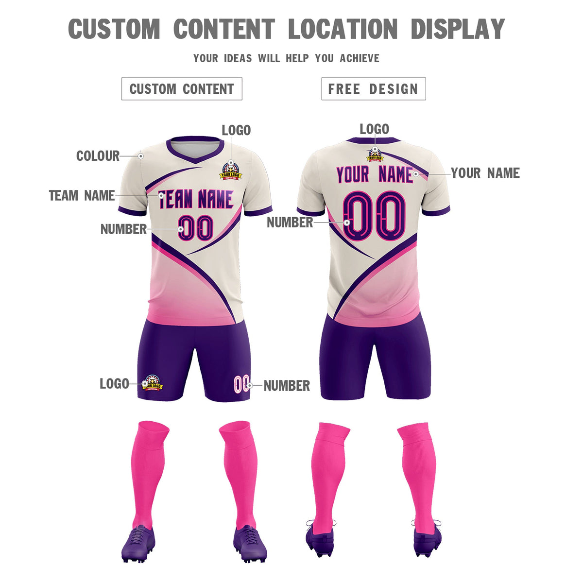 Custom Cream Purple Color Block Training Uniform For Men Football Kits Jersey