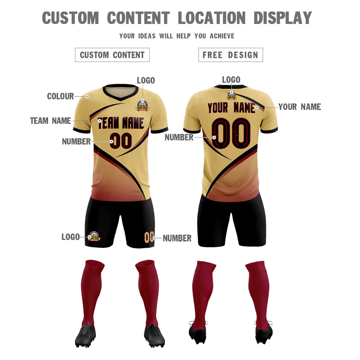 Custom Khaki Black Color Block Training Uniform For Men Football Kits Jersey