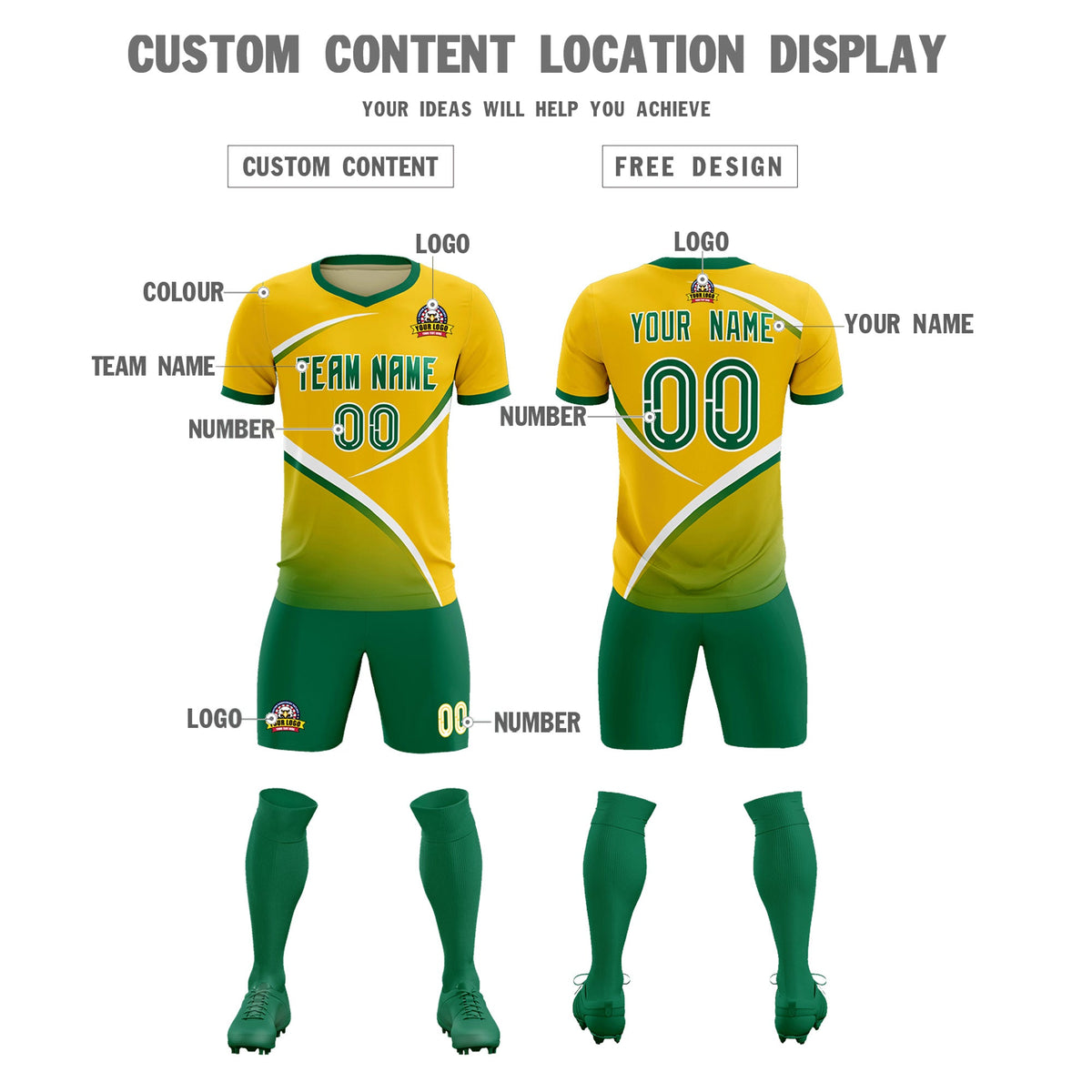 Custom Gold Kelly Green Color Block Training Uniform For Men Soccer Sets Jersey