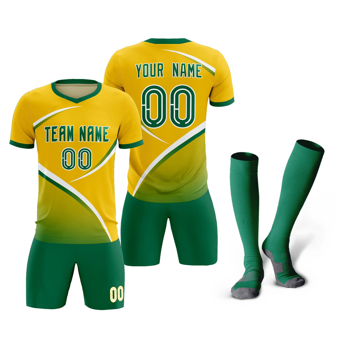 Custom Gold Kelly Green Color Block Training Uniform For Men Soccer Sets Jersey