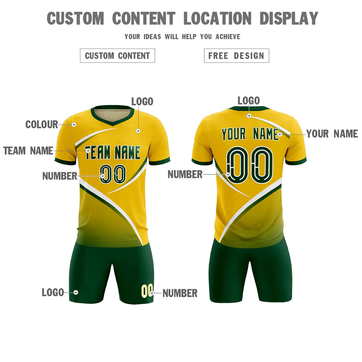 Custom Gold Green Color Block Training Uniform For Men Soccer Sets Jersey
