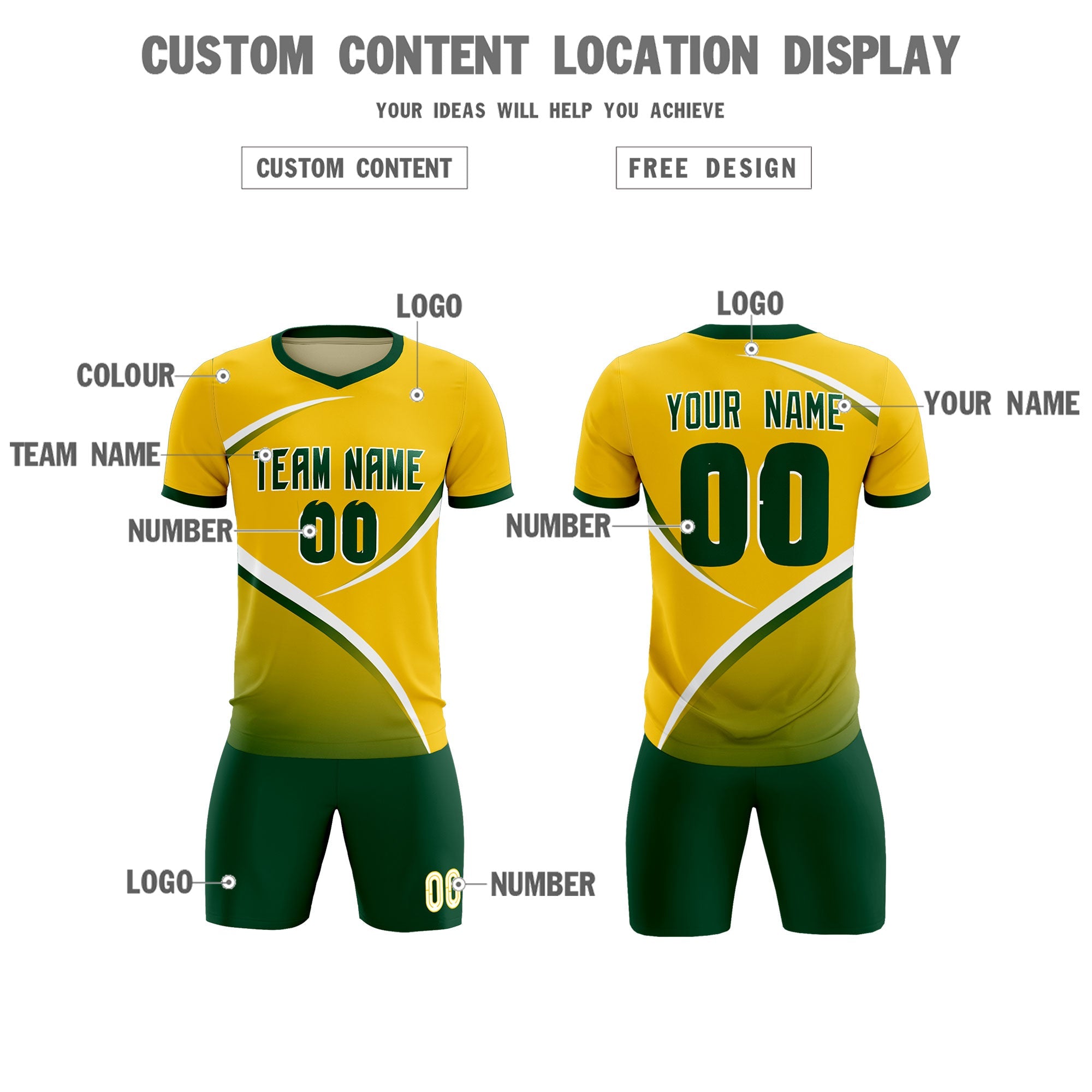 Custom Gold Green Color Block Training Uniform For Men Soccer Sets Jersey